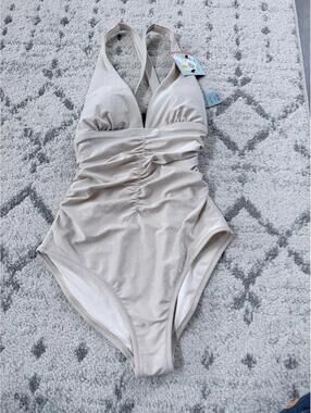 NWT White Shimmer One Piece Swimsuit Ruched Front Halter Criss Cross Back